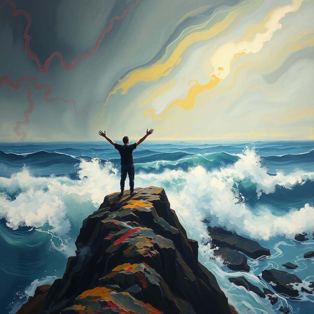 Poignant Figure Releases Emotions on Turbulent Cliff