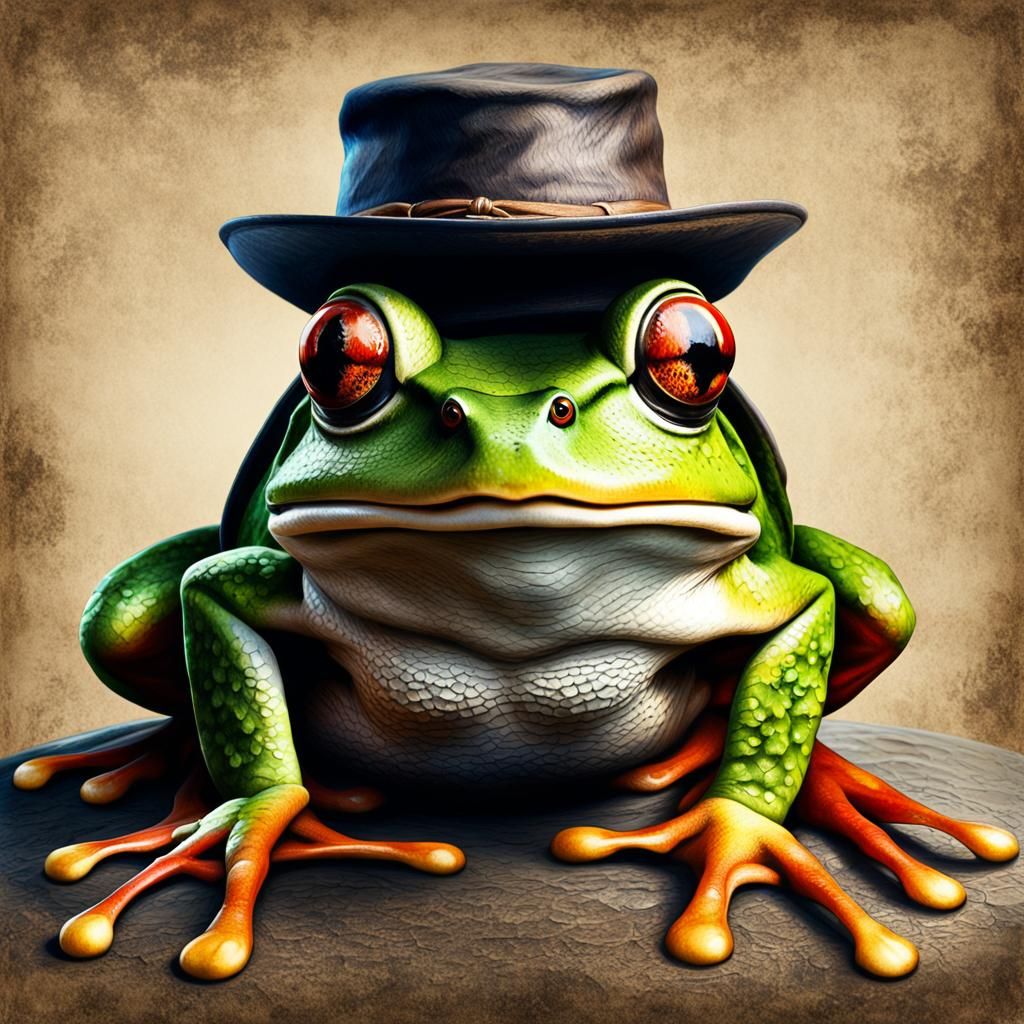 Angry Frog on Hat in Photorealistic Style