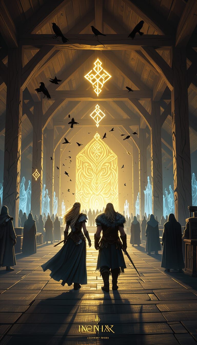 Valkyrie and Warrior Enter Sacred Nordic Hall