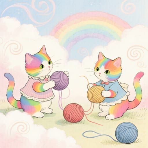 Rainbow Kittens Playing in Clouds: Storybook Illustration