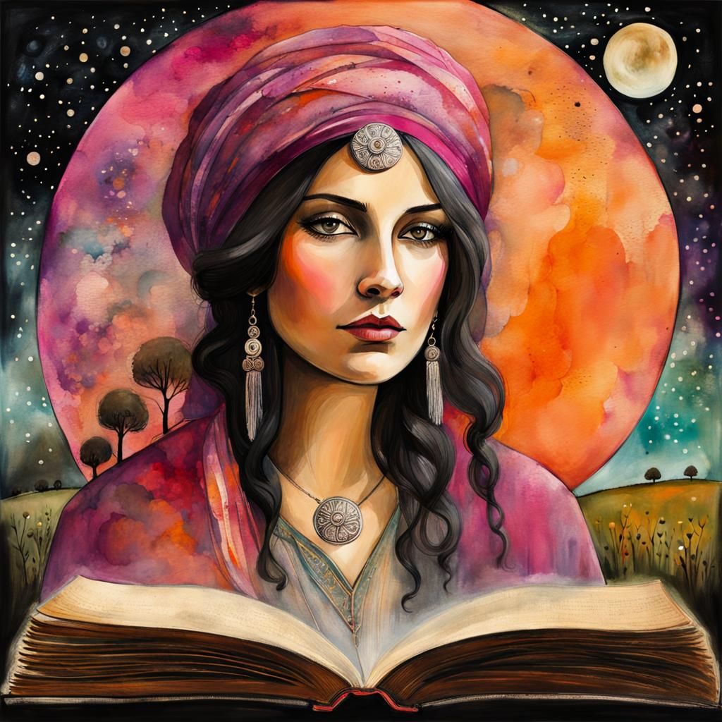 Gypsy Woman in Countryside: Layered Digital Watercolor