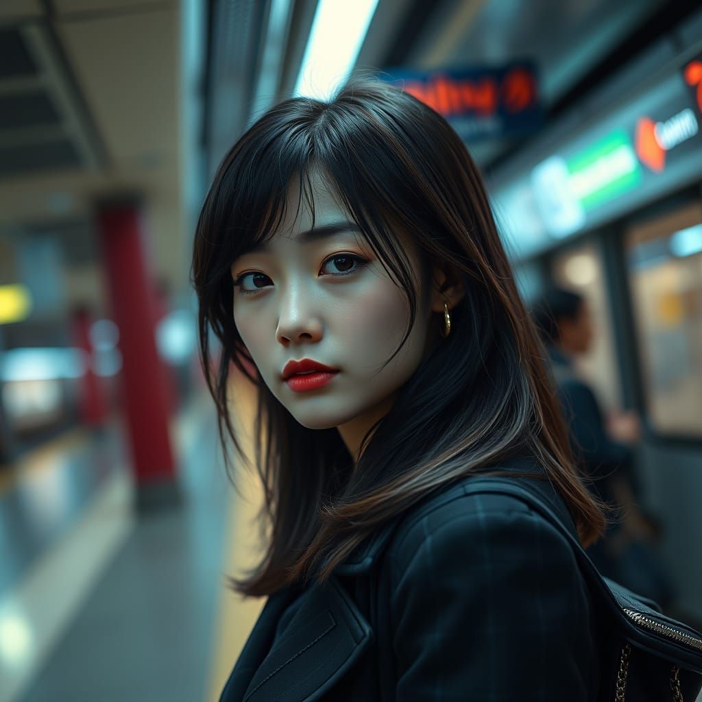 Lonely Japanese Business Woman at Subway Station