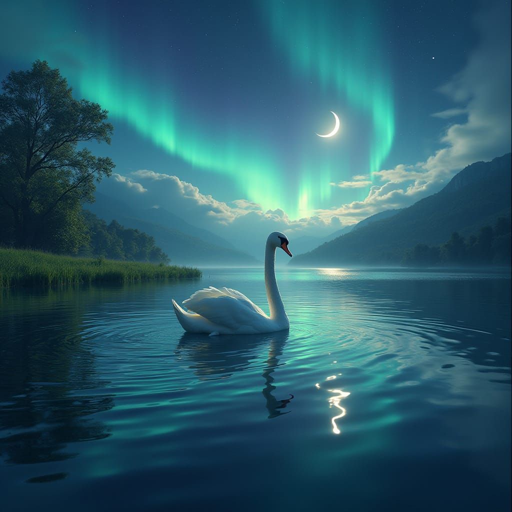 Surreal Swan Scene Under Starry Night Sky