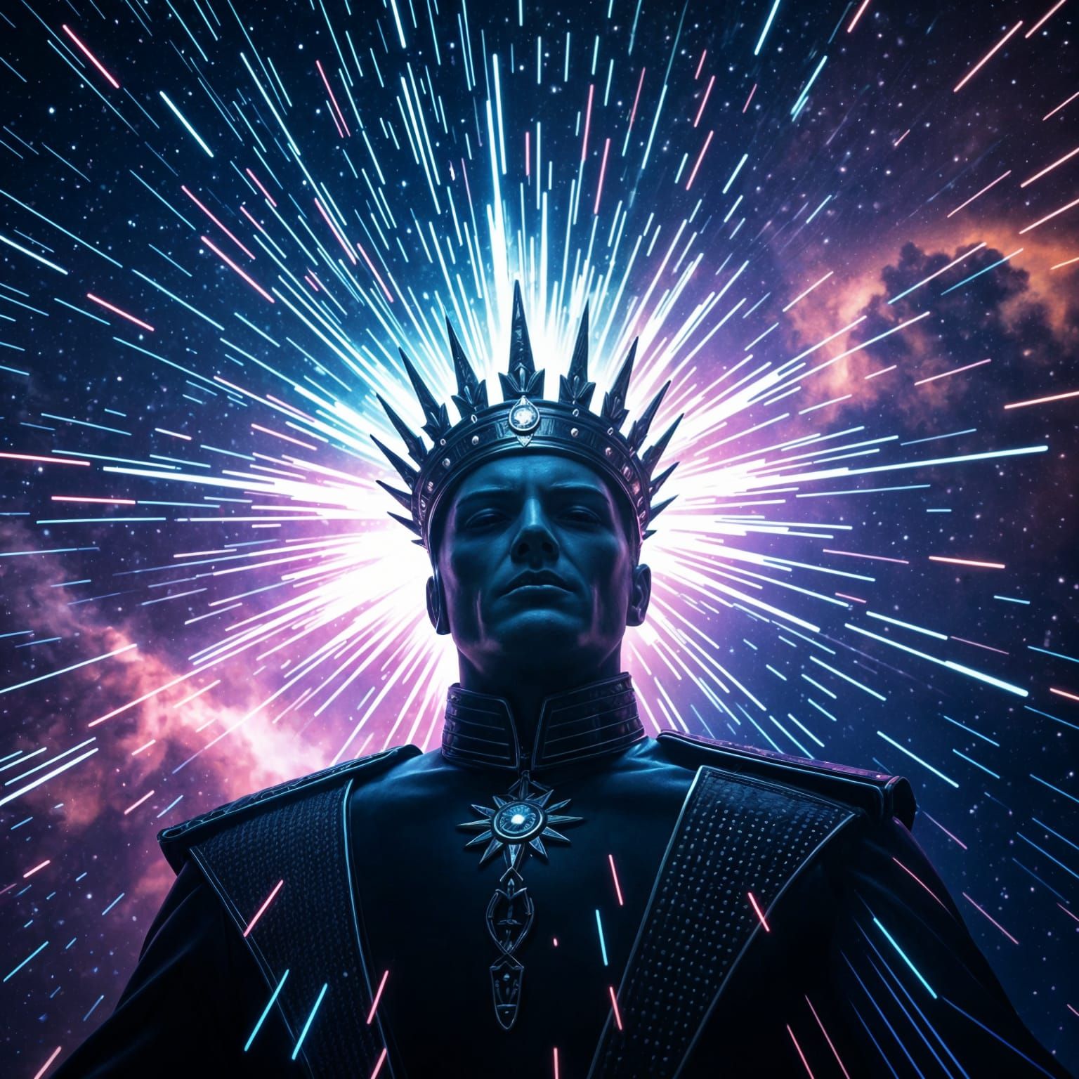 Sci-Fi Ruler with Energy Crown Speeds Through Cosmic Expanse