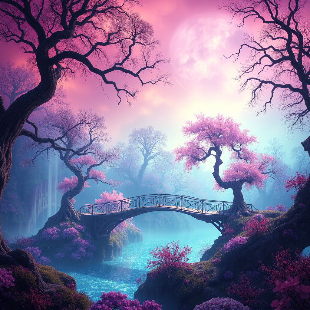 Enchanted Forest Landscape with Glowing Flora