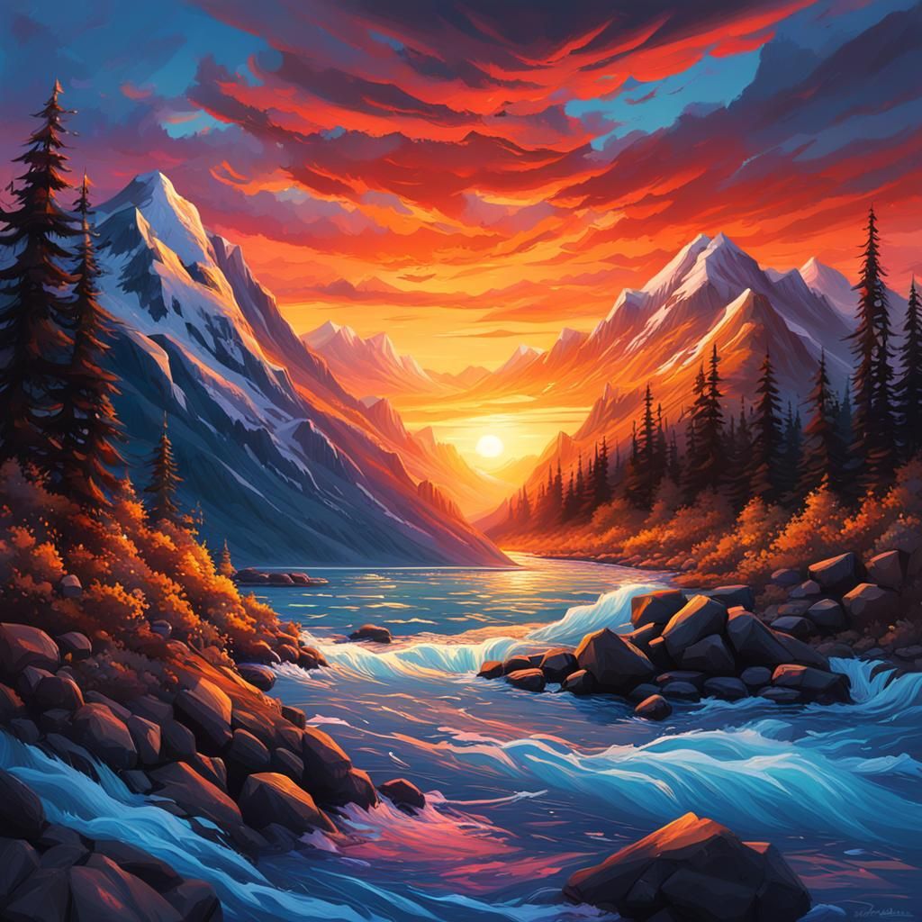 Epic Alaskan Sunset in Hyperrealistic Splash Art