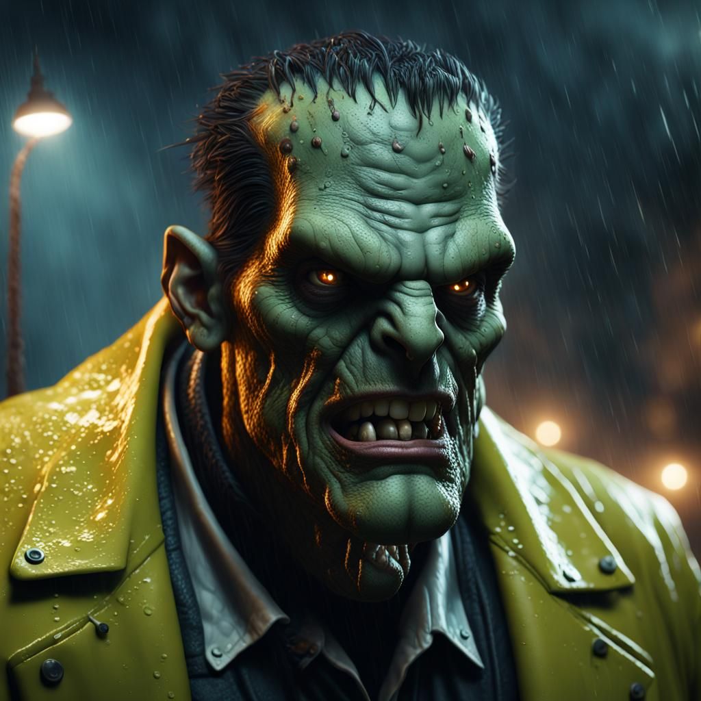 Cinematic Portrait of Frankenstein's Monster in the Rain