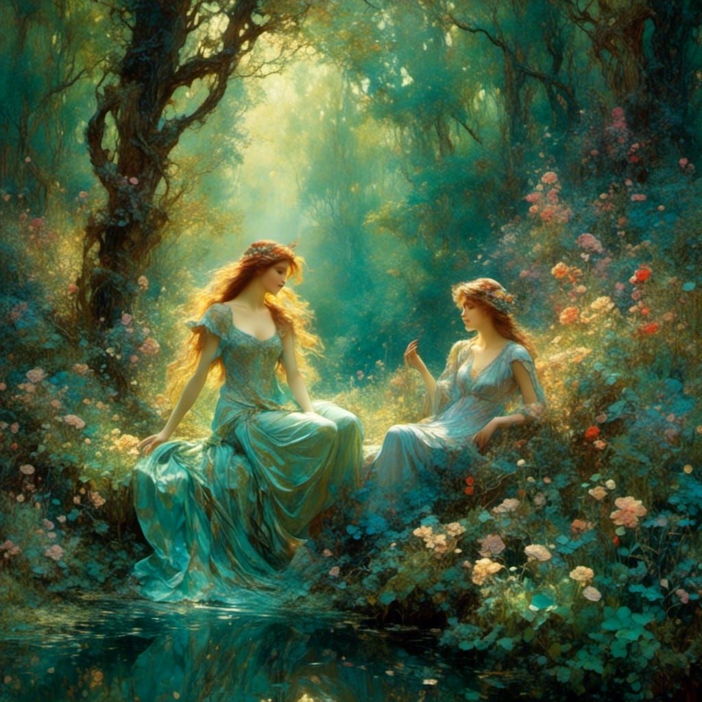 Mystical Forest Scene in Art Nouveau Style