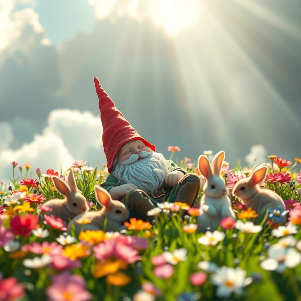 Serene Gnome Surrounded by Rabbits in a Lush Floral Paradise