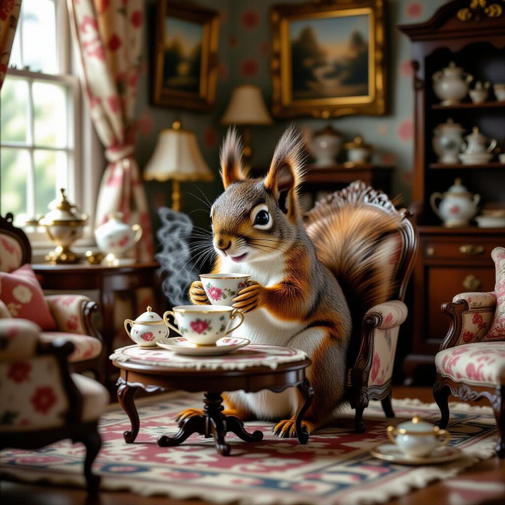 Squirrel's Victorian Tea Party: A Hyperrealistic Delight