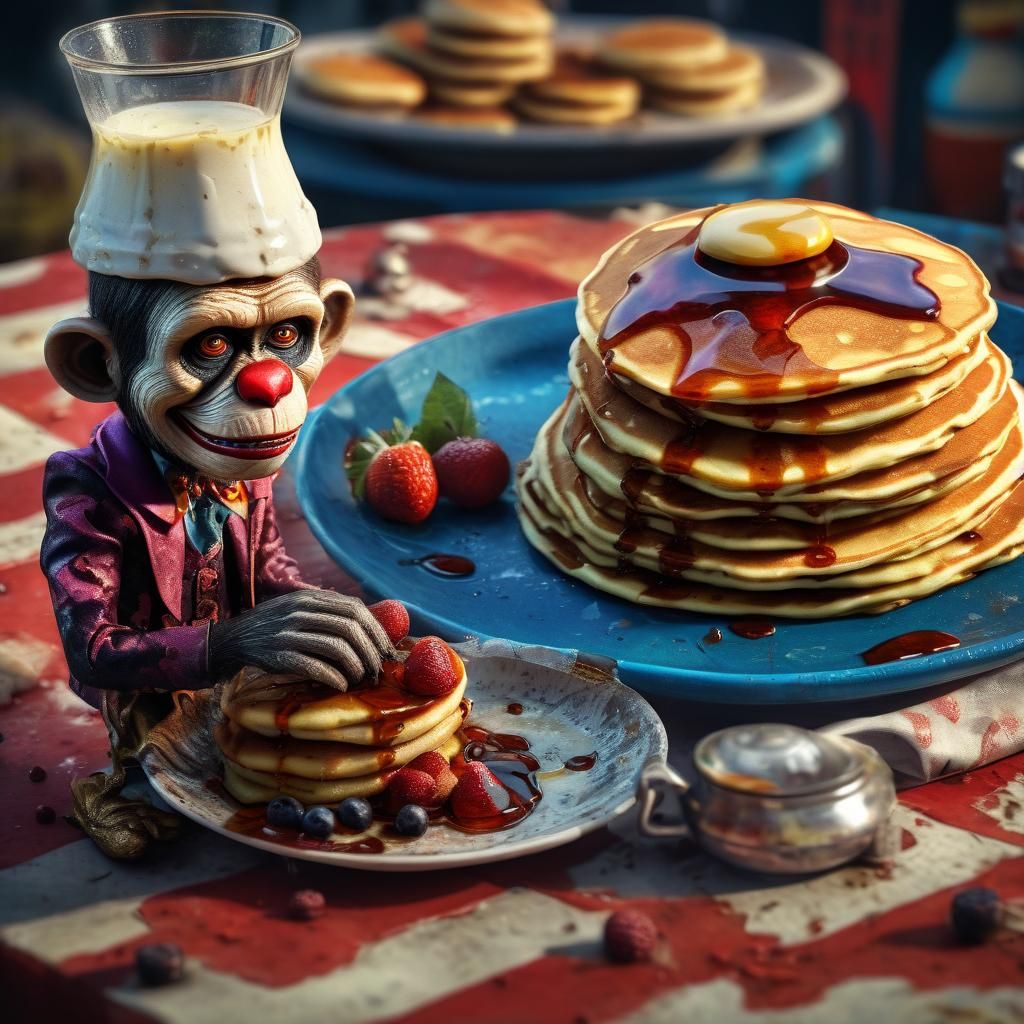 Zombie Circus Clown with Pancakes: Hyperrealistic Image