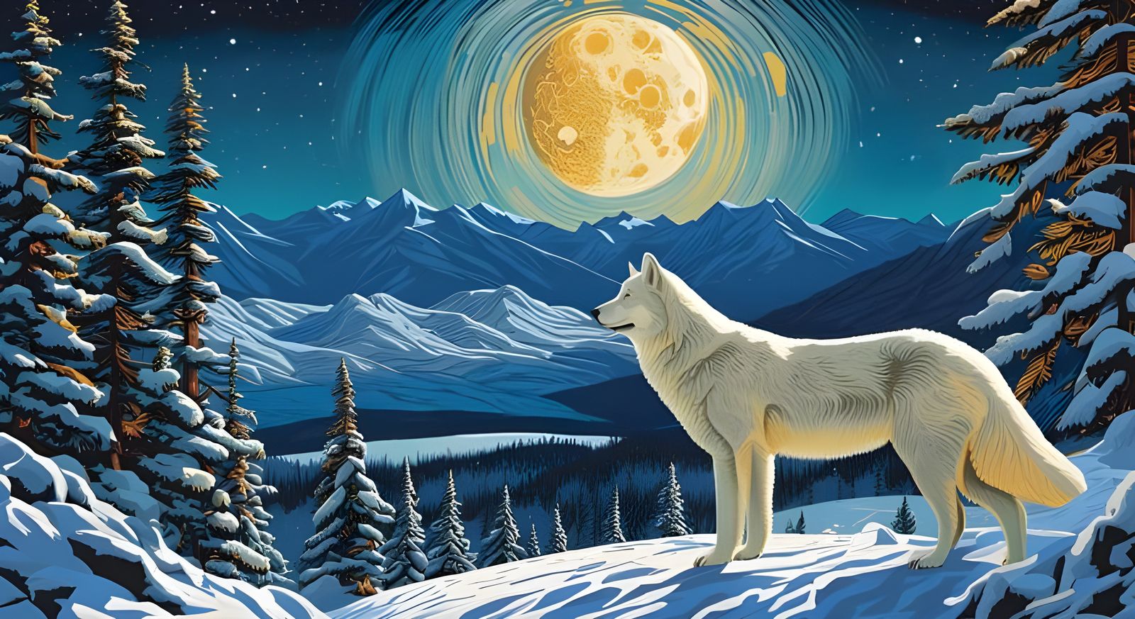 Polar Wolves Hunting Under Moon in Snowy Landscape