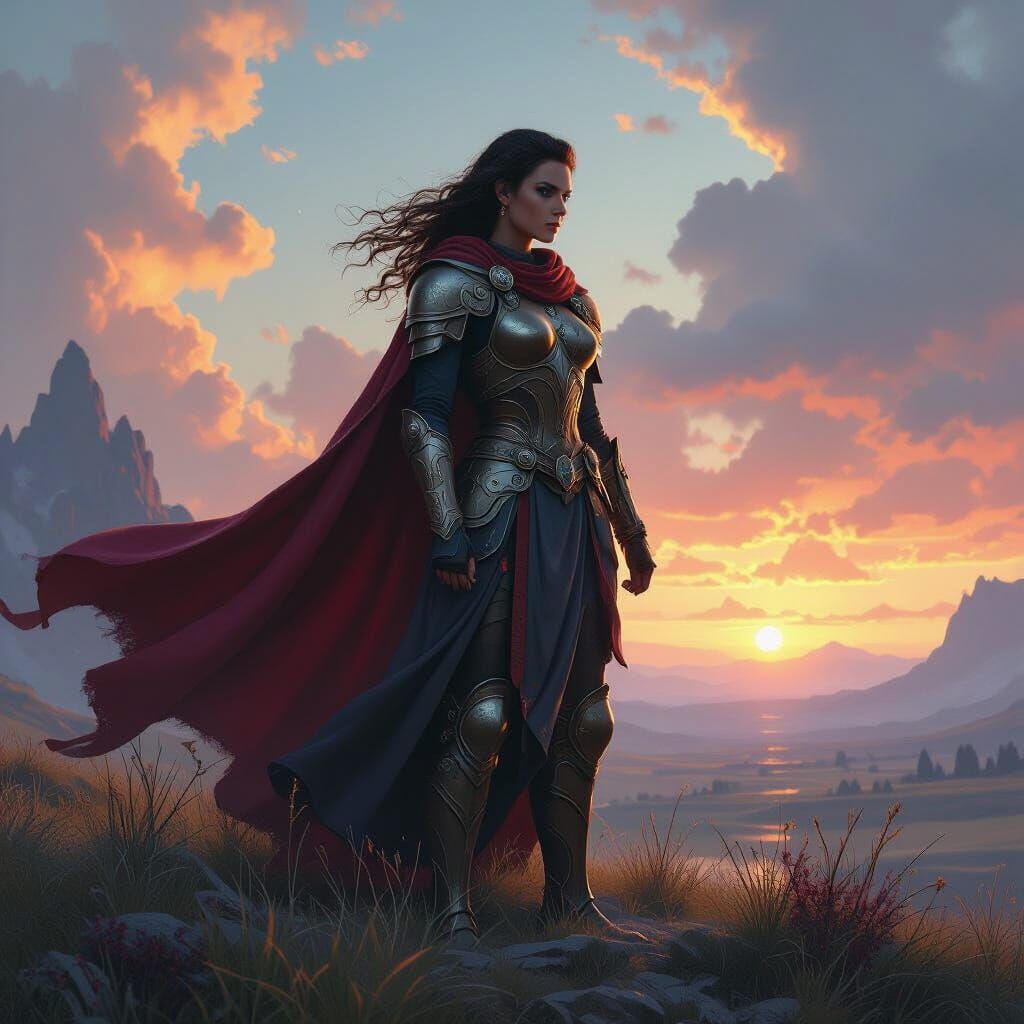 Victorious Female Hero in Mystical Landscape