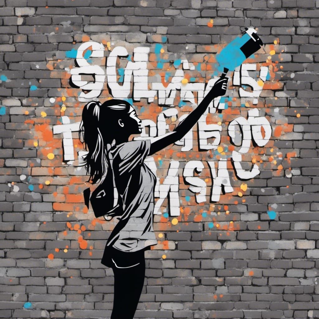 Girl Spray Painting Slogans: Collage Art