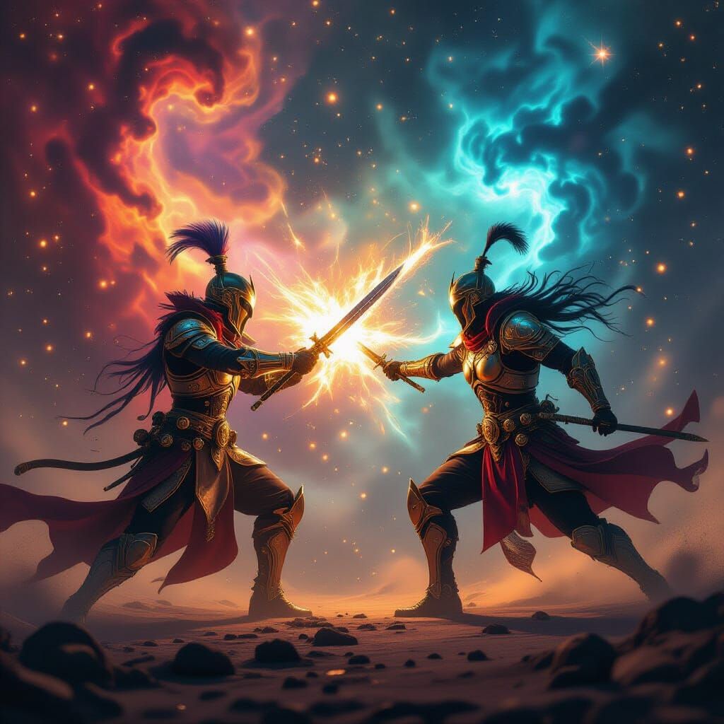 Steampunk Samaria Warriors Battle in Ornate Cosmic Light