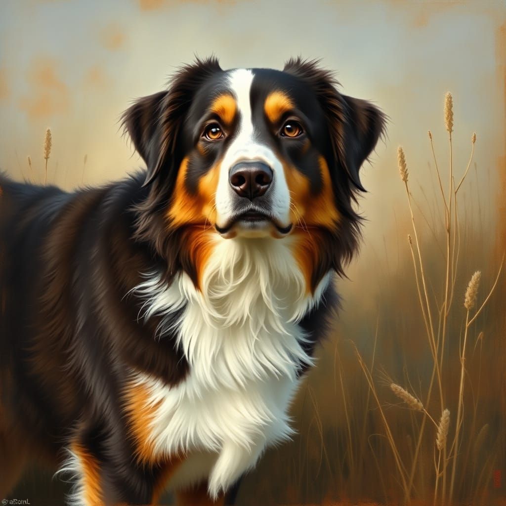Australian Shepherd Portrait in Rustic Realism Style