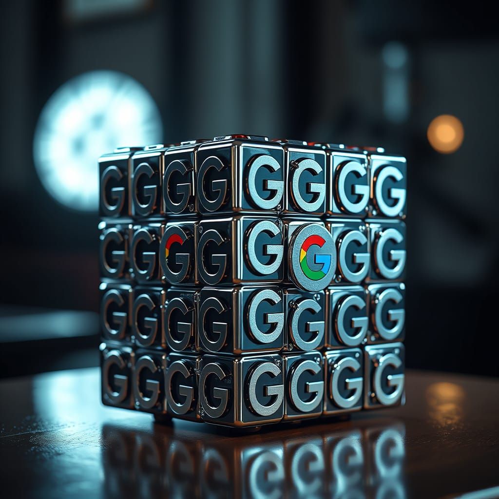 Glowing Google Logo Rubik's Cube in Hyperrealistic 64-Megapi...