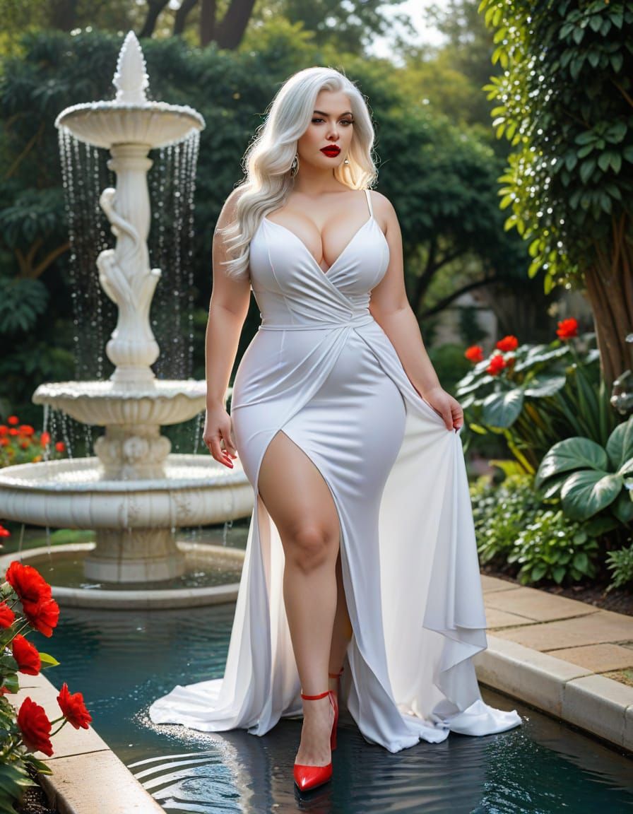 Elegant Woman in Evening Dress by Fountain