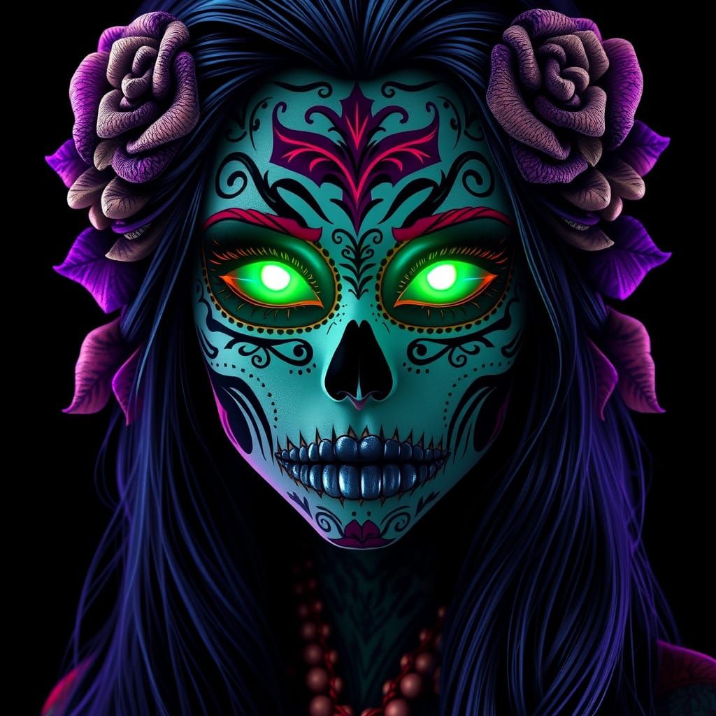 Ethereal Day of the Dead Lady with Glowing Eyes and Intricat...