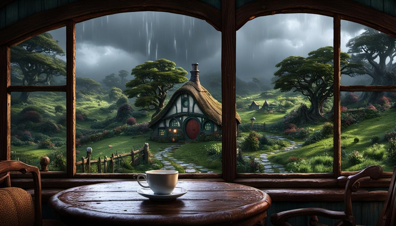 Rainy Hobbiton Cottage View: Detailed Matte Painting