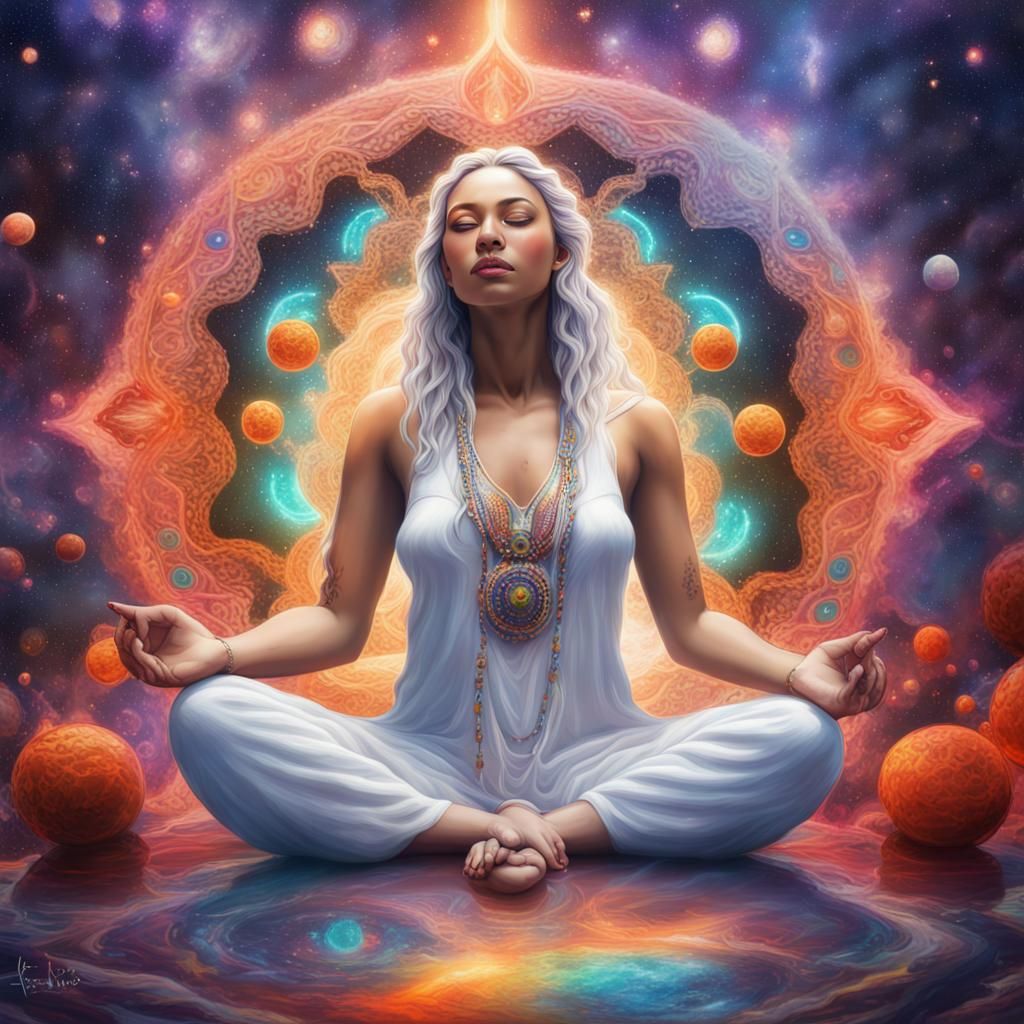 Goddess Meditating in Galaxy: Colorful Graffiti Art