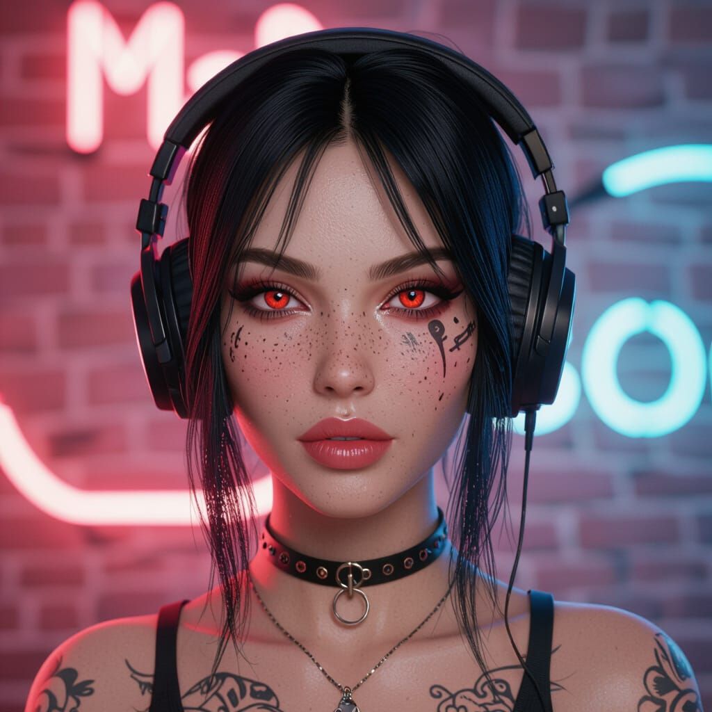 Cyberpunk Woman with Tattoos and Red Eyes