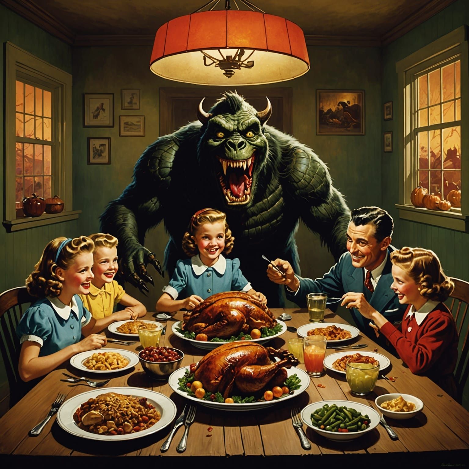 1940s Thanksgiving Dinner with a Monster, Propaganda Art