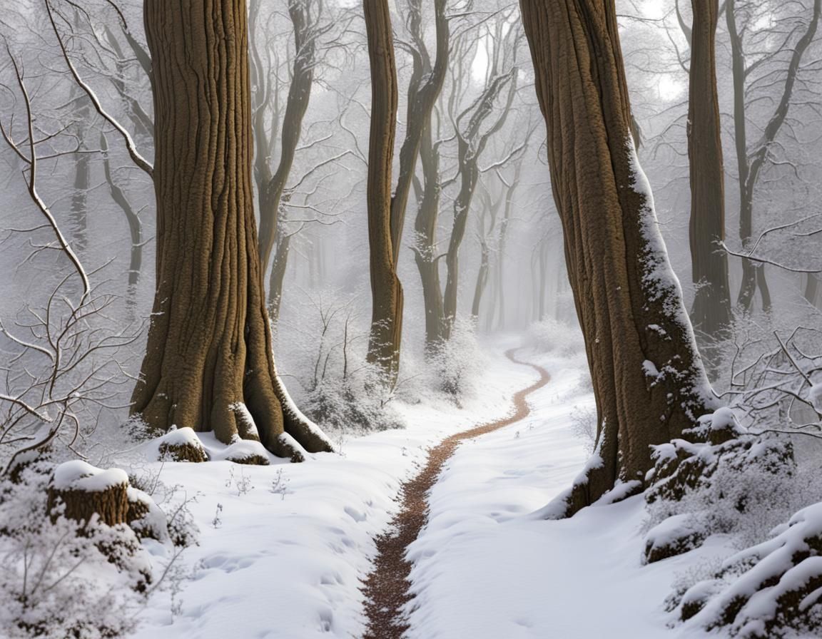 Snowy Path Through Ancient Winter Forest