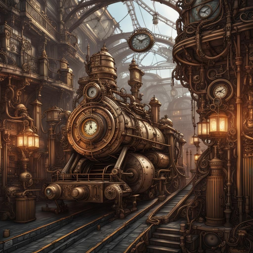 Steampunk Locomotive Line Art in Detailed Matte Painting