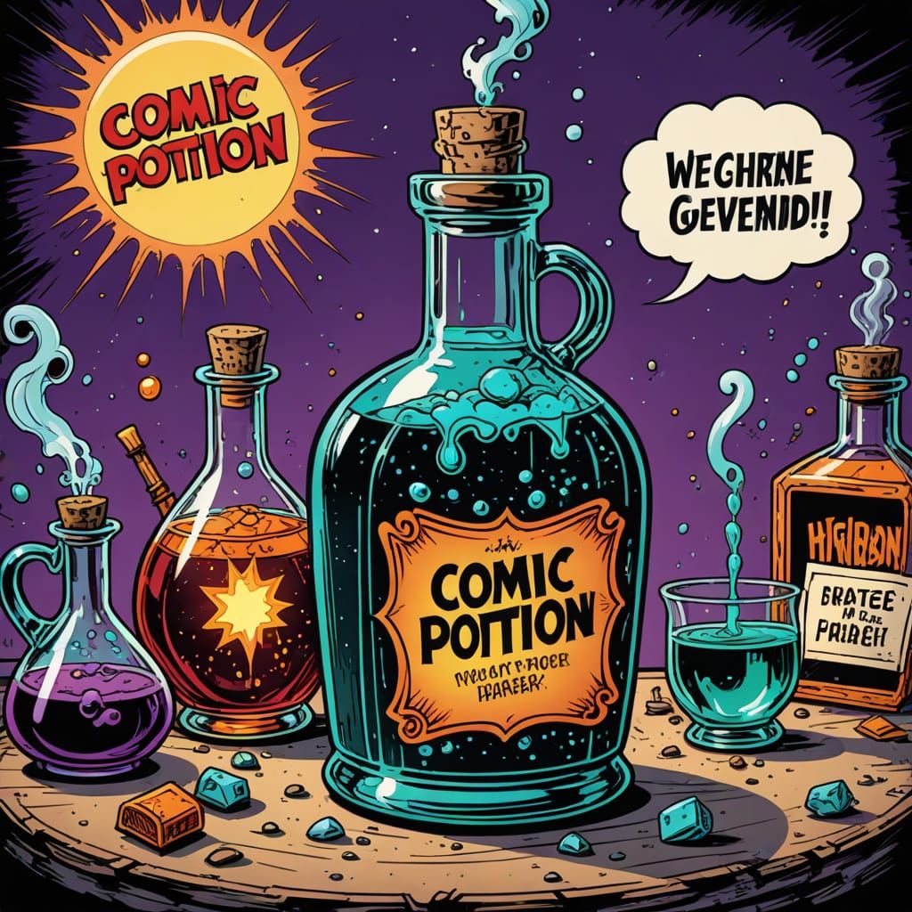 Vibrant Pop Art Potion in a Hilarious Cartoonish Scene