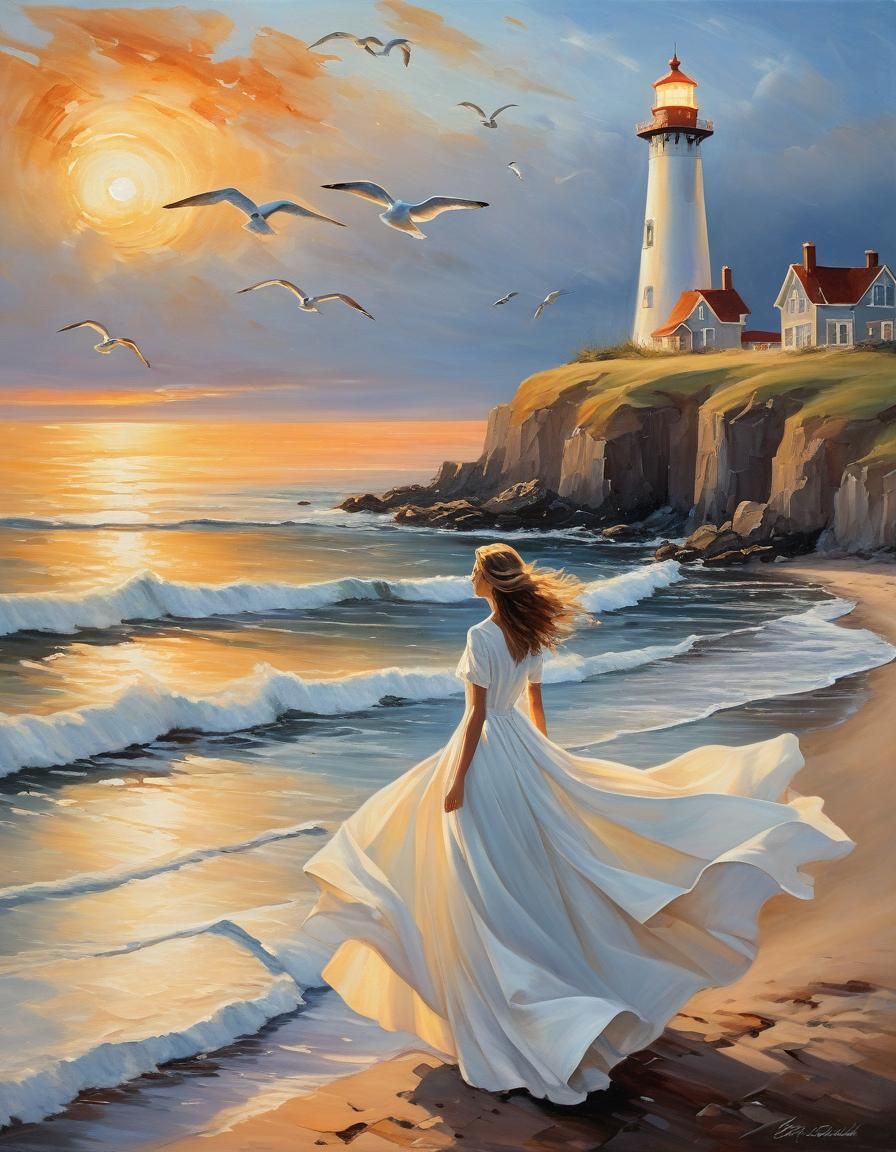 Sunset Beach Oil Painting with Lighthouse View