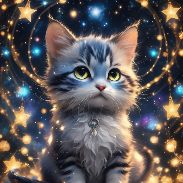 Mythical Cat Portrait with Luminescent Stars