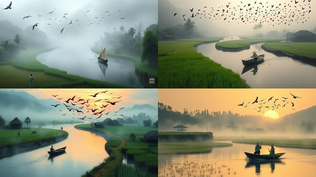 Surreal Asian Landscape with River and Rice Fields in Misty ...