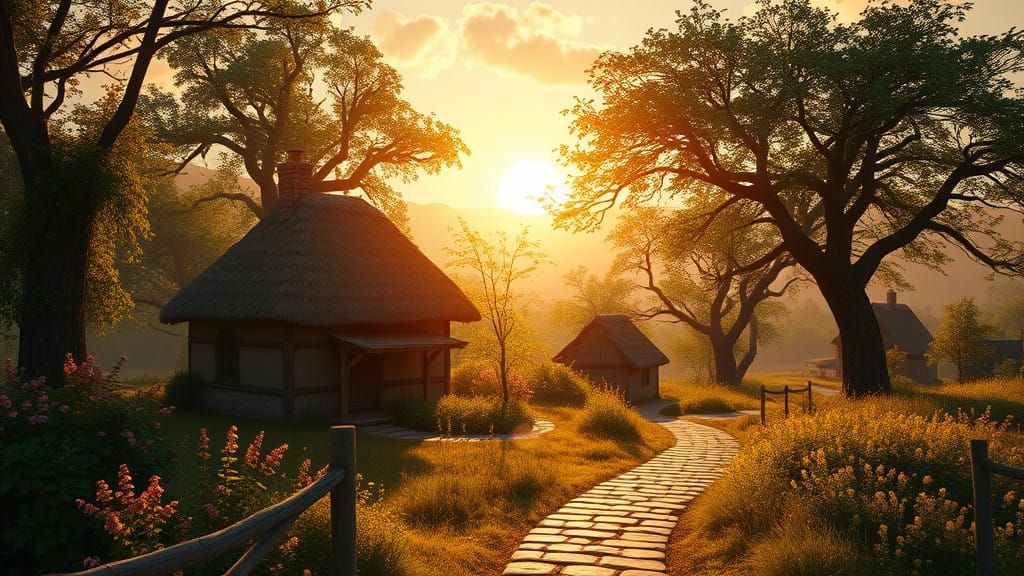 Fantastical Sunrise Village in Deep, Matte Colors