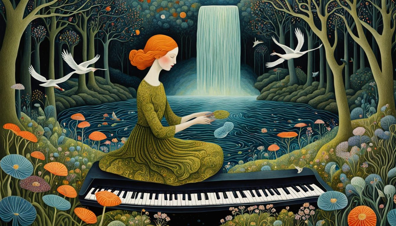 Surreal Bio-Art with Bioluminescent Moss and Storks