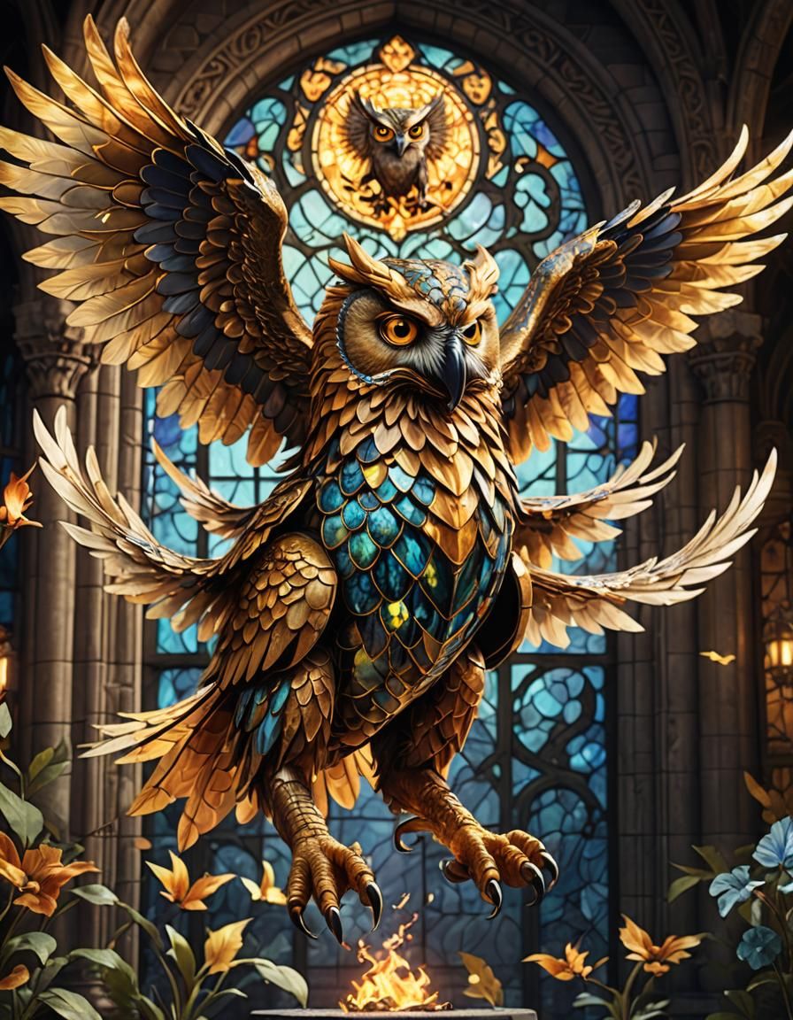 Flying Chimera with Owl in Stained Glass Style