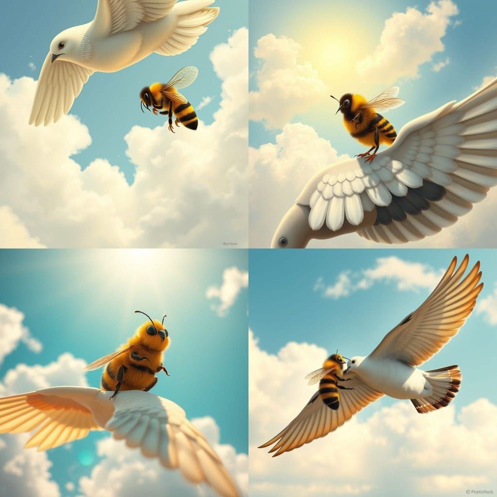 Bee and Dove in Flight Under Sunny Sky