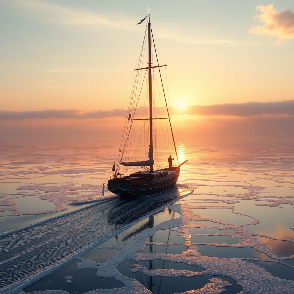 Winter Sunset on Frozen Lake with Majestic Sailing Vessel