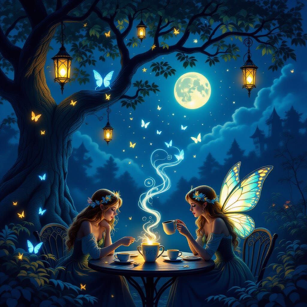 Enchanted Cafe at Night with Fairies and Glowing Butterflies