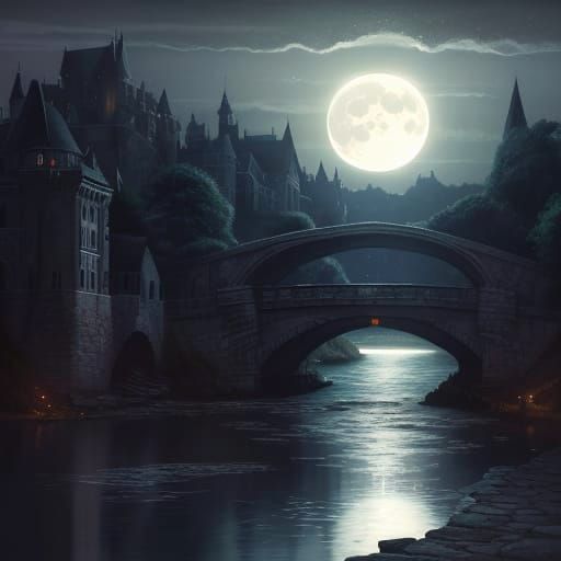 Magnificent Arched Bridge at Dusk with Hypergigantic Moon