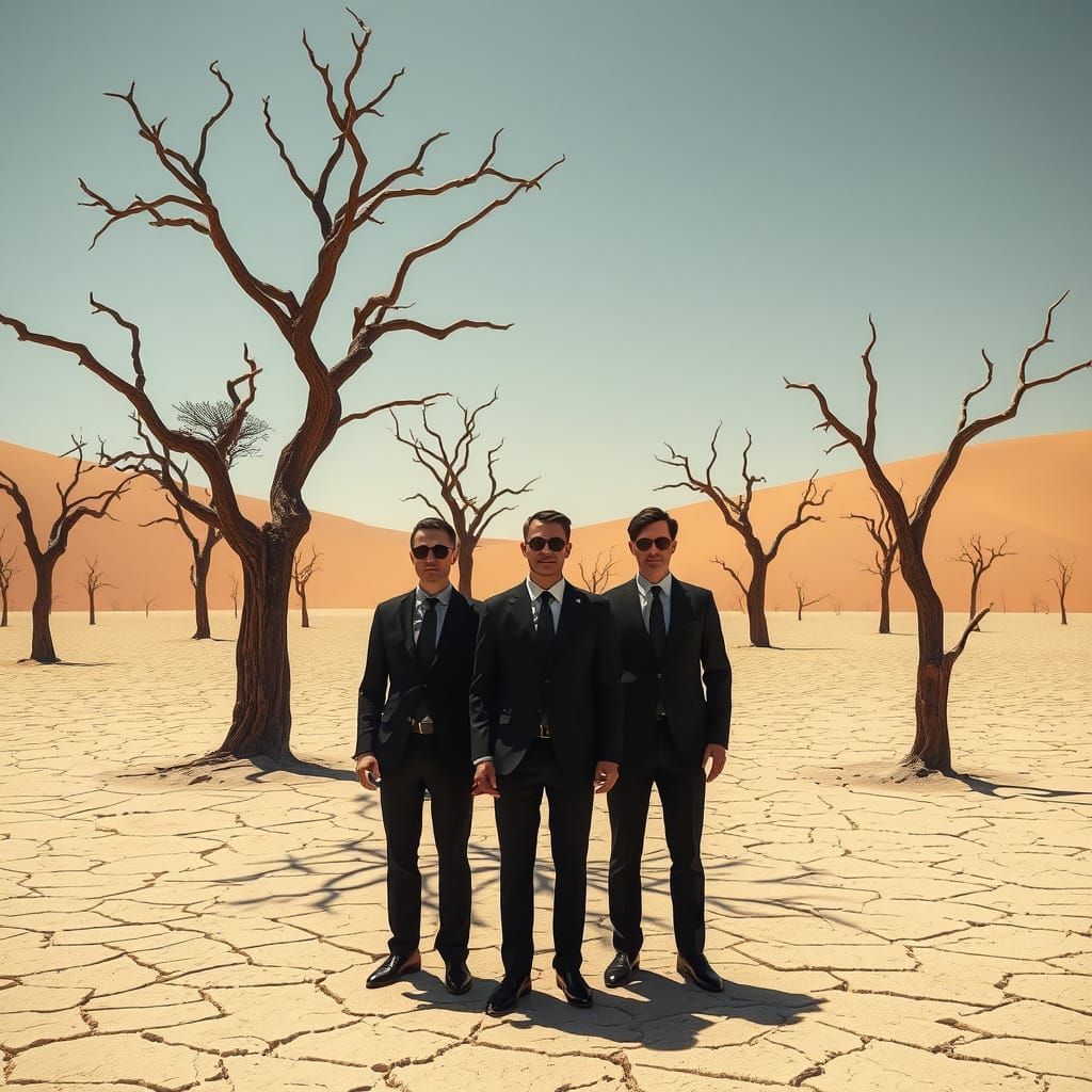 Men in Black at Dead Vlei, Namibia in Cyberpunk Style