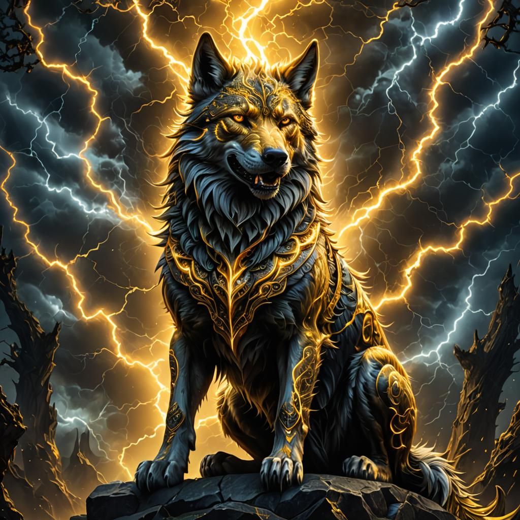 Fenrir Surrounded by Lightning in Fantasy Art Style