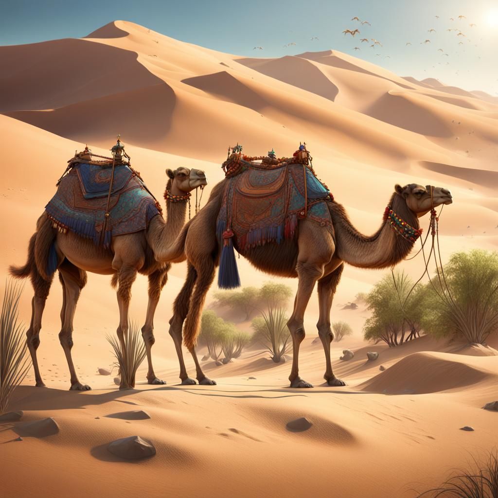 Camels at Desert Oasis: Detailed Matte Painting