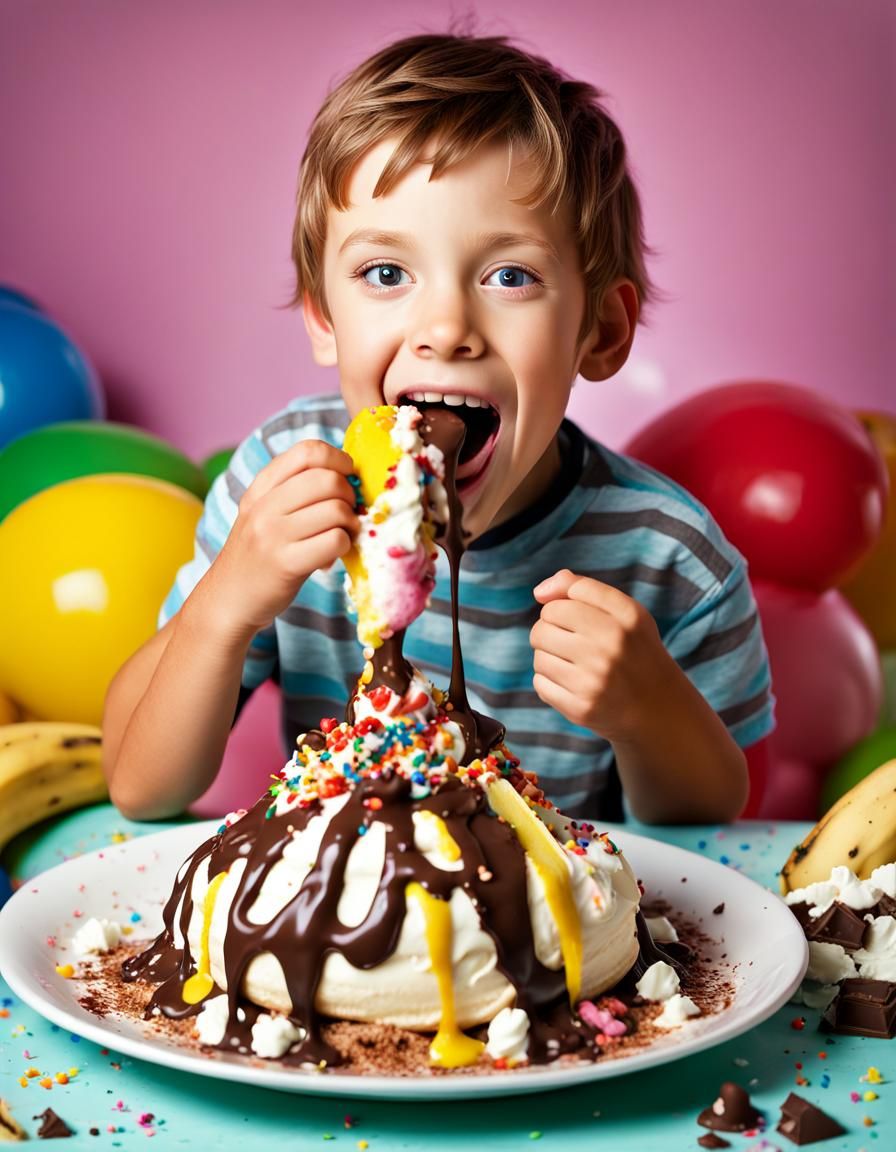 Cute Boy Enjoys a Huge Banana Split