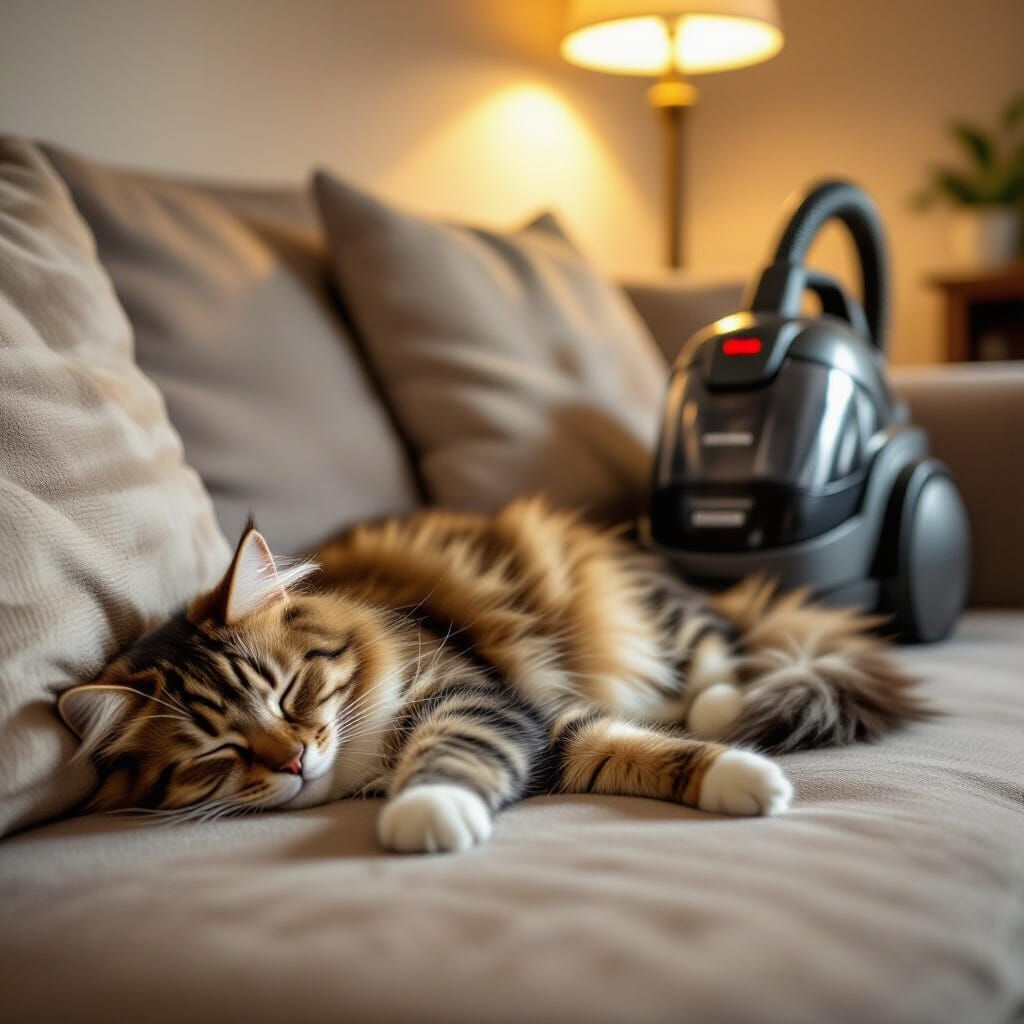 Cat Napping on Sofa Near Ominous Vacuum Cleaner
