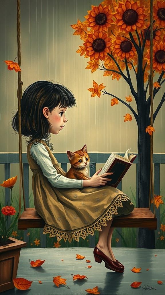 Girl Reading with Kitten in Surreal Autumn Rain