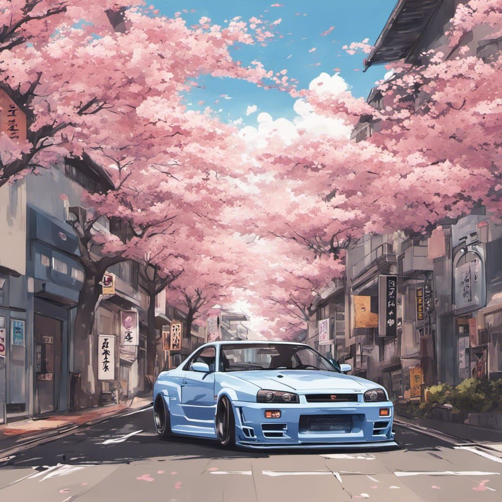 Nissan Skyline GT-R in Anime-Style Cherry Blossom City