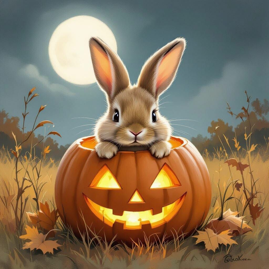 Fluffy Rabbit Peeking From Eerie Pumpkin