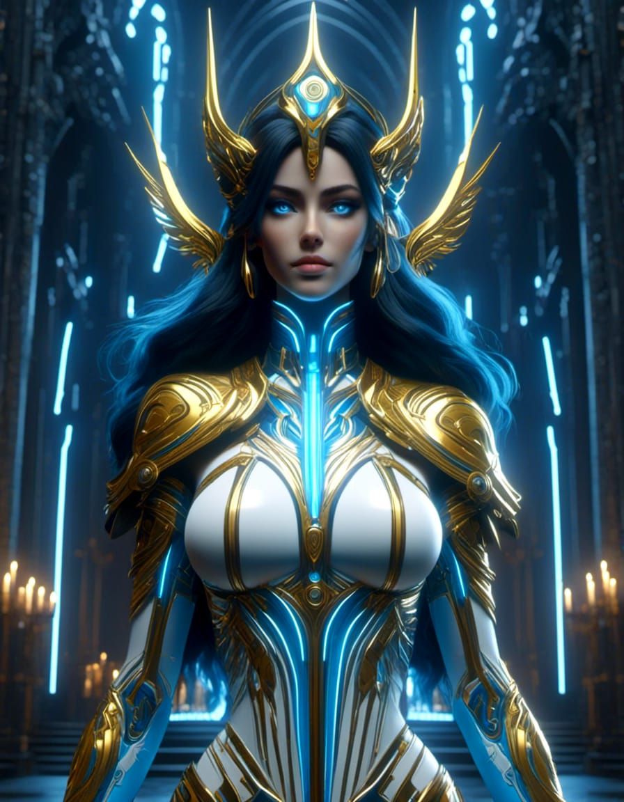 Animated 2D Symmetrical female, priestess, in cathedral, blue, yellow with white 16K Resolution <lora:Multi-Genre Fusion...