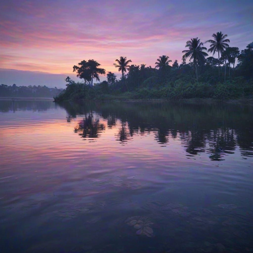 Surreal Congo Lake Scene Under a Vibrant Blue Moon